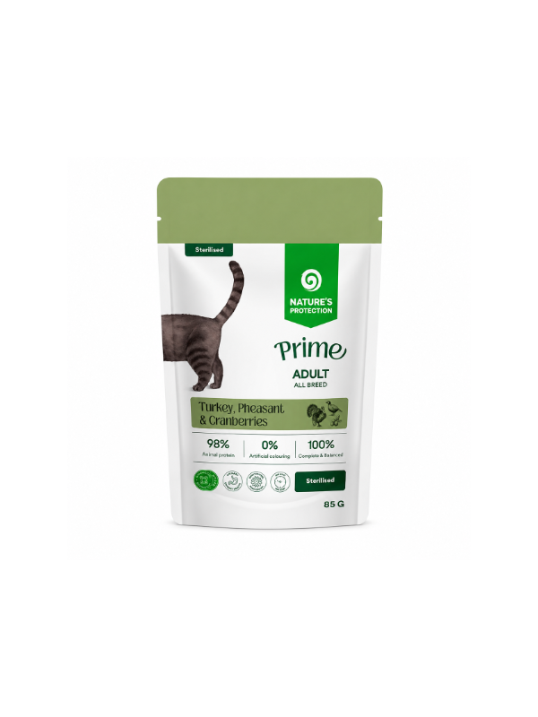 Nature's Protection Prime Sterilised пауч за кастрирани котки с пуешко, фазан и червени боровинки 85 г