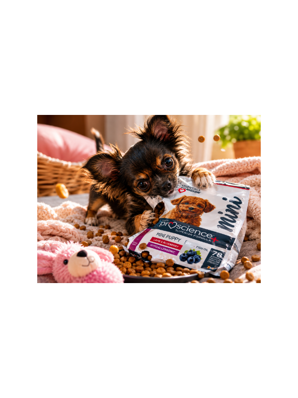 Малко чихуахуа гушнало любимата си храна Pro Science Mini Puppy Lamb