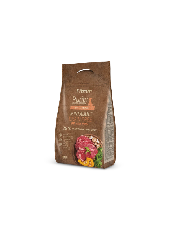 Fitmin Purity Mini Adult Grain Free Beef – суперпремиум беззърнеста суха храна за израснали кучета от малки породи с говеждо месо
