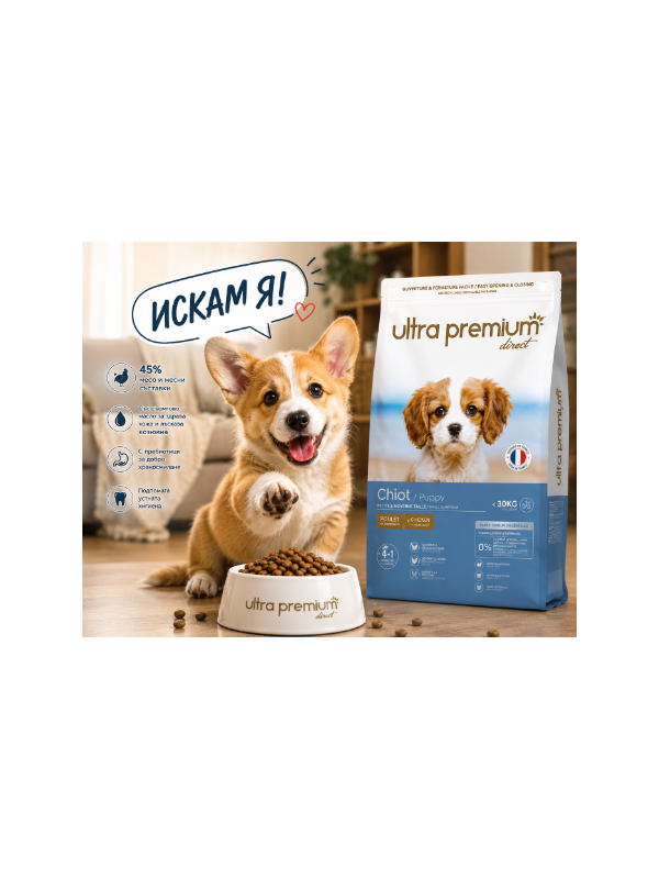 Нетърпеливо кученце пред купа Ultra Premium Direct