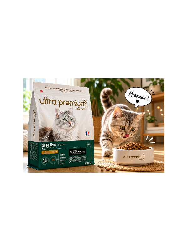 Домашна котка до купичка с гранули Ultra Premium Direct Sterilised без зърно.