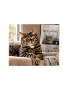 Доволна възрастна котка в домашна обстановка до Ultra Premium Direct Senior 7+