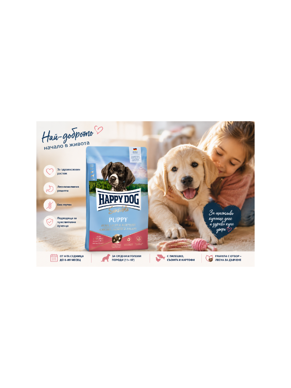 Кученце с Happy Dog Sensible Puppy за чувствително храносмилане