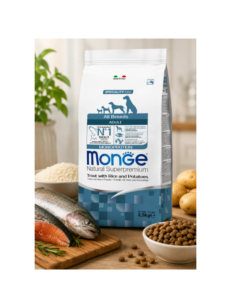 Monge Dog Adult All Breeds Trout, Rice & Potatoes – с пъстърва, ориз и картофи за кучета от всички породи над 1 г.