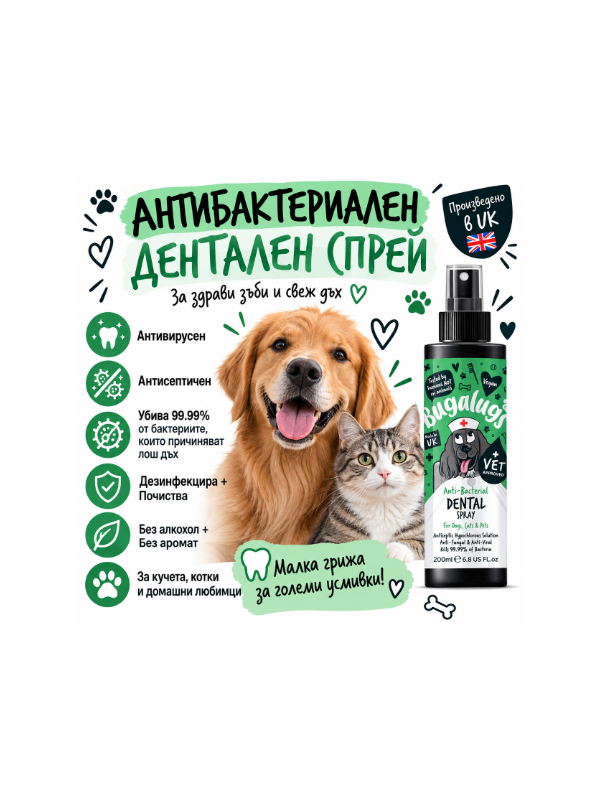 Дентална грижа за кучета и котки с Bugalugs Dental Spray